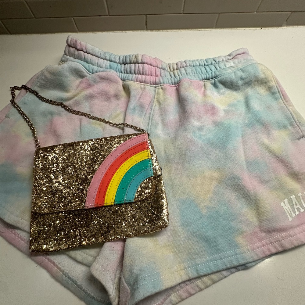Hollister Pastel Tie-Dye Shorts & Gold Glitter Rainbow small wallet bag